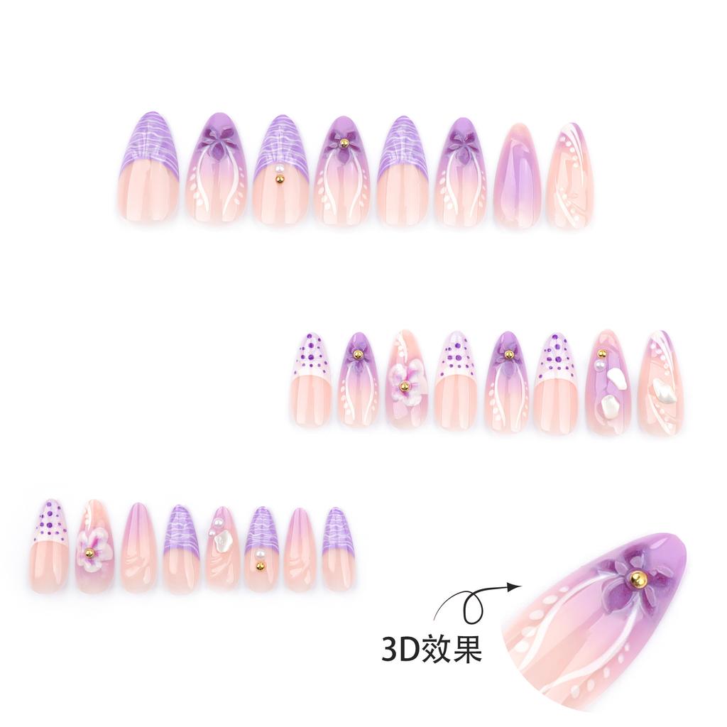 24pcs French Fresh Nail Art Wearer Purple Smudge 3D Flowers Wearer Nail Piece Almond Fake Nails