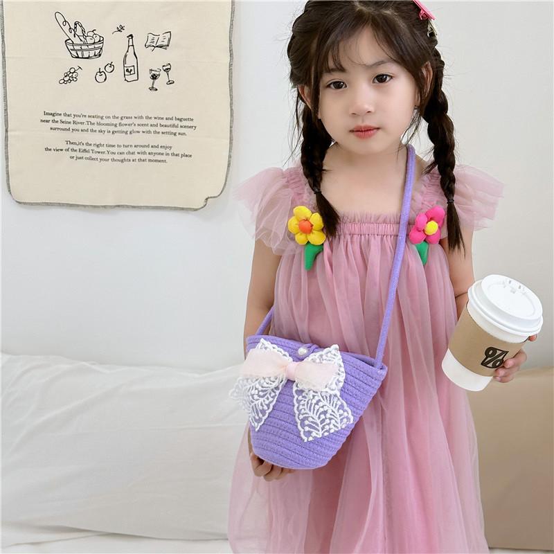 Adorable Korean Style Cartoon Woven Children's Bag With Bowknot And Floral Design