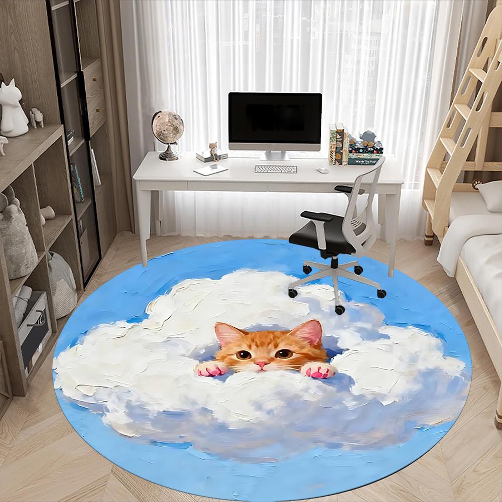 1PC Cloud Cat Office Round Area Rug, Mat Suitable ForOffice, Under Office Chairs Bedroom Living Room Home Decor, Room Deco