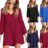 Fashion Sexy V-neck Long Sleeve Casual Dress Women Elegant A Line Slim Fit Loose Summer Dresses Female Clothing Solid Vintage Vacation Dress New 26504