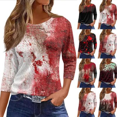 Женская модная повседневная футболка с рукавом три четверти и принтом на Хэллоуин, с круглым вырезом