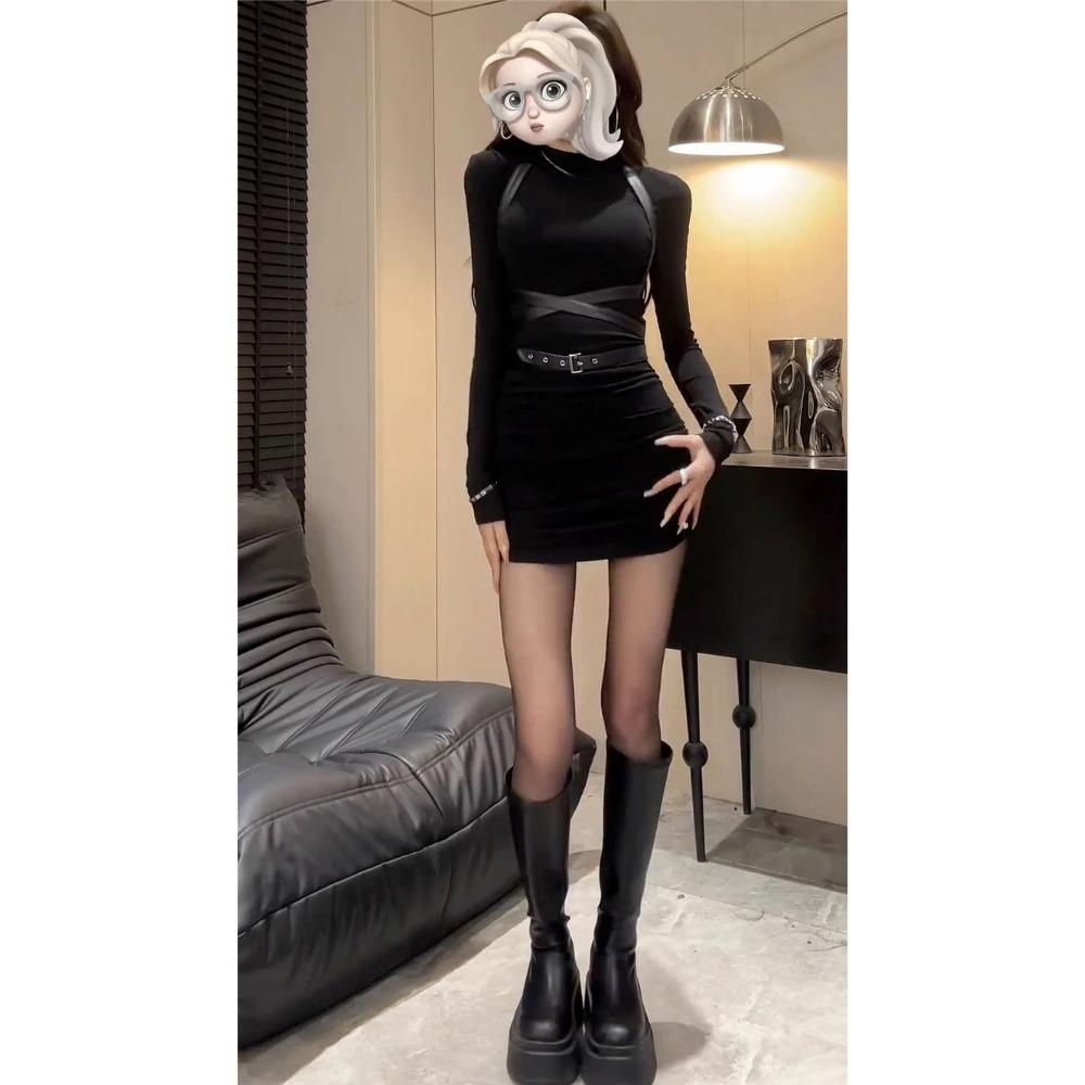 Women's Gothic Short Dress Spring New Hundred Dark Wind Functional Solid Color Long Sleeve Hip Dresses