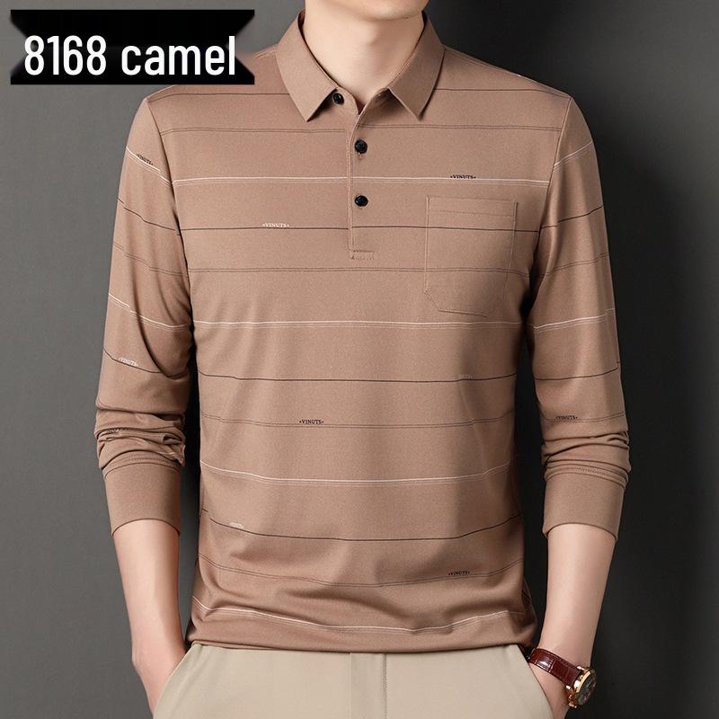 Мужское поло из хлопка в полоску на осень - С длинным рукавом, отложным воротником, дышащее, повседневная деловая рубашка