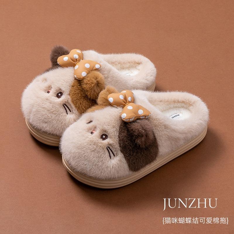 Новые мультяшные хлопковые тапочки с кошкой, домашние плюшевые тапочки для помещений, нескользящие теплые домашние хлопковые тапочки