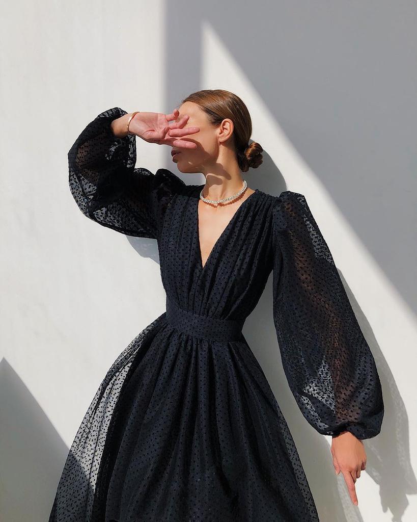 2025 Spring and Summer New Temperament Lady Bubble Sleeve Polka Dot Pendulum Dress