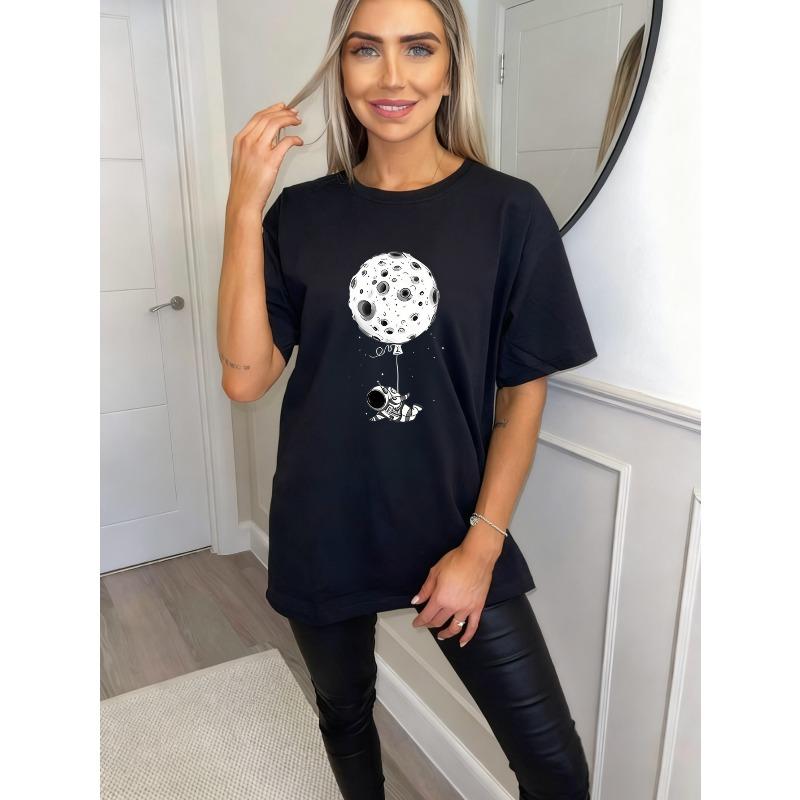 Black Oversized T Shirt With Moon Balloon And Astronaut Print For Casual Wear