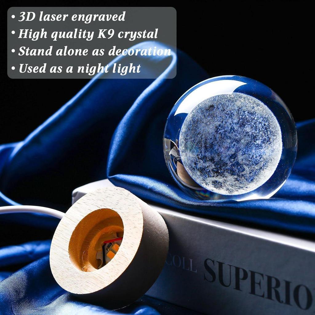 New Moon Crystal Night Light Decorative Quartz Glass Ball Bedroom Table Light, Engraved Model Astronomy Décor, Universe Gift