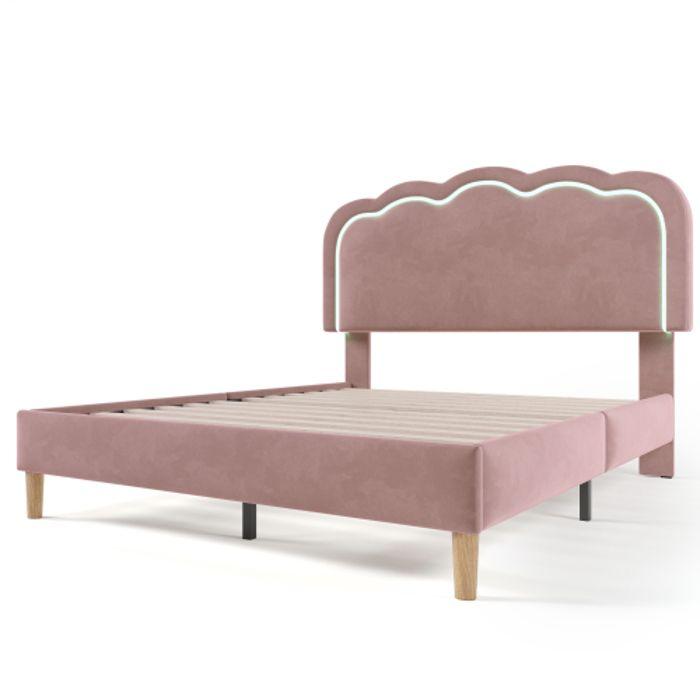 Cadre de lit LED - MUVOE - 140 x 200 cm - Tête de lit réglable - Velours rose - Ambiance chic