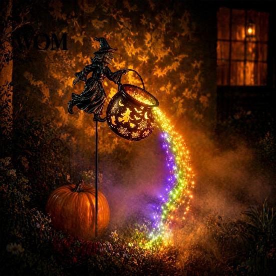 Mysterious Witch Kingdom Prop Halloween Cauldron Yard Light, Flying Silhouette Garden Stake with Colorful Weatherproof Light LED, Spooky Outdoor