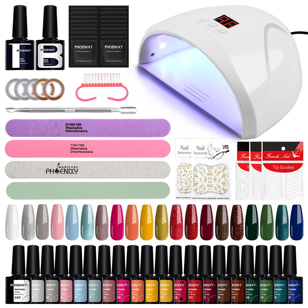 PHOENIXY 20 Colors Gel Nail Polish Set Pure Color Hybrid Varnish Kit With 36W UV LED Lamp Manicure Nail Art Tools Set For Beginner
