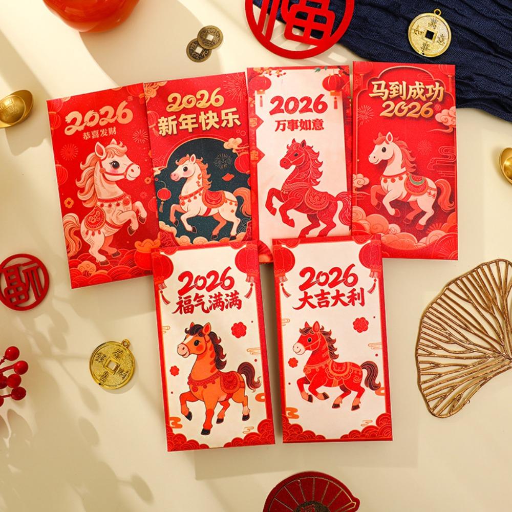 6Pcs/Set Cute 2026 Horse Year Red Envelope Traditional Paper Blessings Printing The Year of The Horse Money Envelope Red Packet