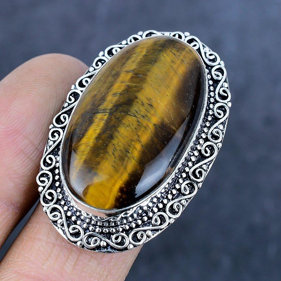 Натуральный камень Тигровый глаз Ручная работа Ювелирное изделие из серебра 925 пробы Кольцо Размер 9 n7o45