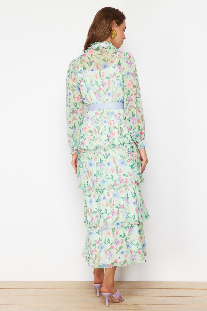 Women's Hijab Dress New Season Fashion Blue Belted Lined Chiffon Floral Woven Dress