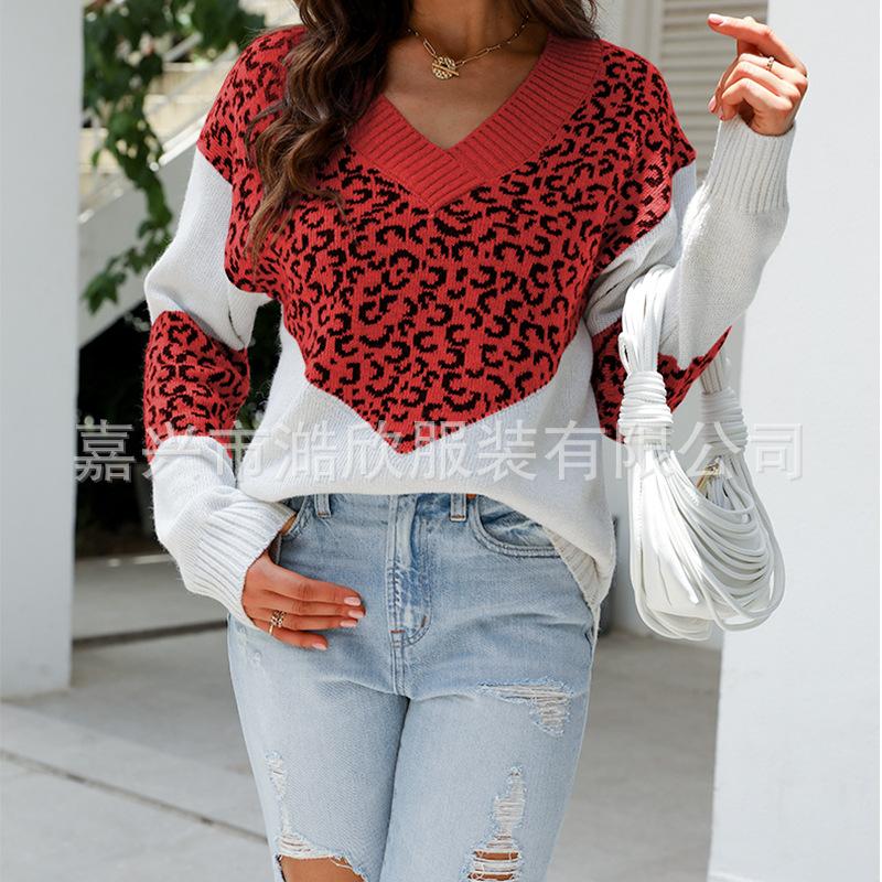 Осенне-зимний женский свитер, леопардовый вязаный пуловер с v-образным вырезом и цветными блоками, топ с длинными рукавами