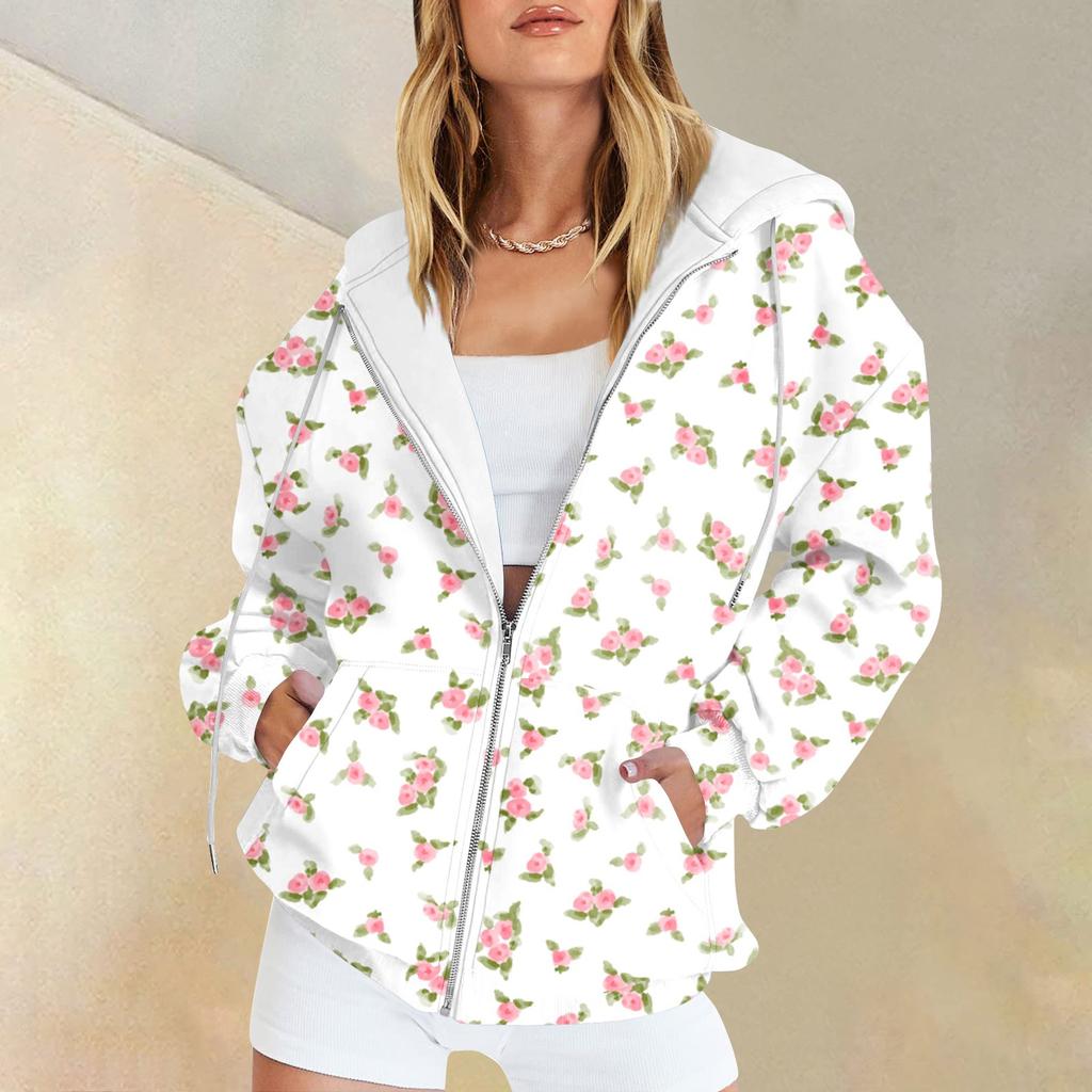 Женская мода повседневная спортивная одежда с цветочным принтом на осень и зиму с длинными рукавами и карманами, куртка-кардиган с капюшоном на молнии, куртка
