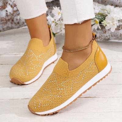 Модные повседневные кроссовки Zapatos Mujer на плоской подошве со стразами, трикотажные, с неглубокой горловиной, универсальные, женские, с толстой подошвой, удобные, нескользящие, кроссовки для бега