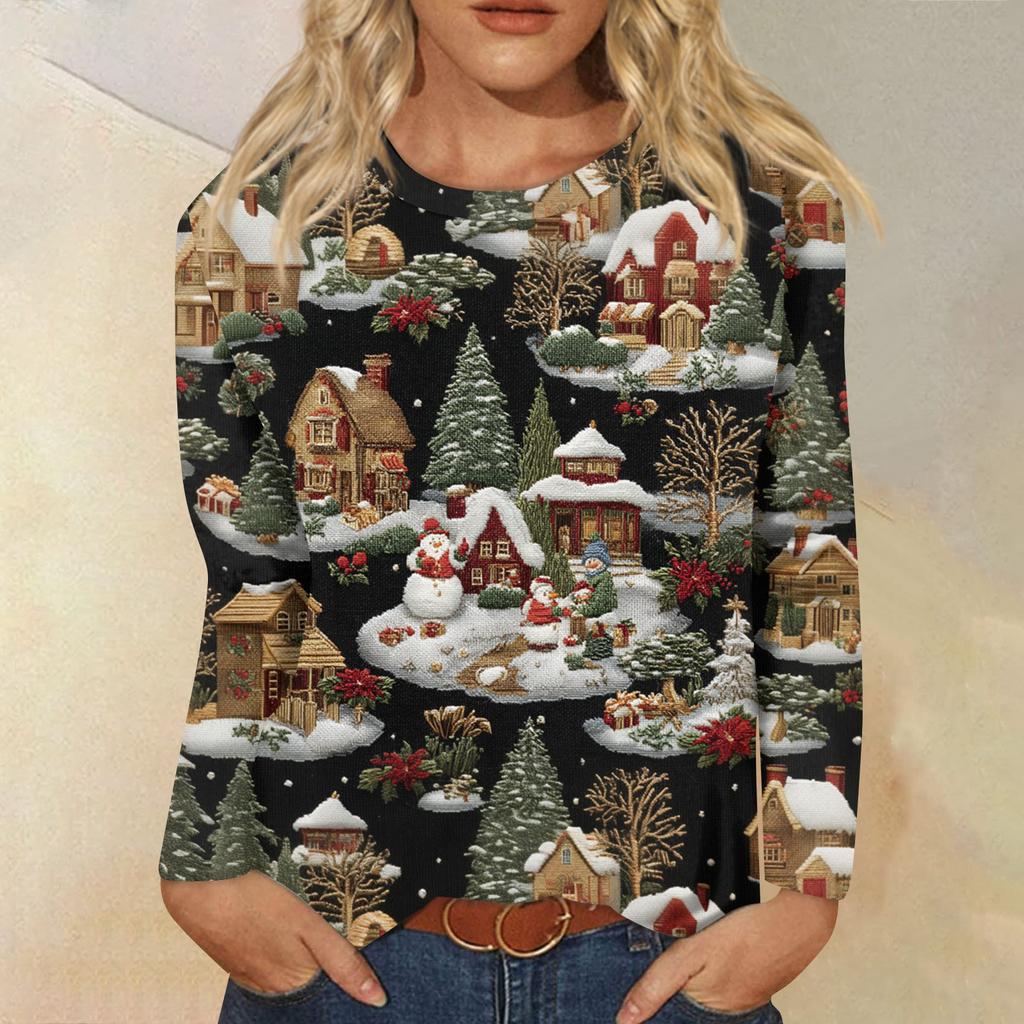 Women's Fashion Casual Long Sleeve  Print Round Neck Top