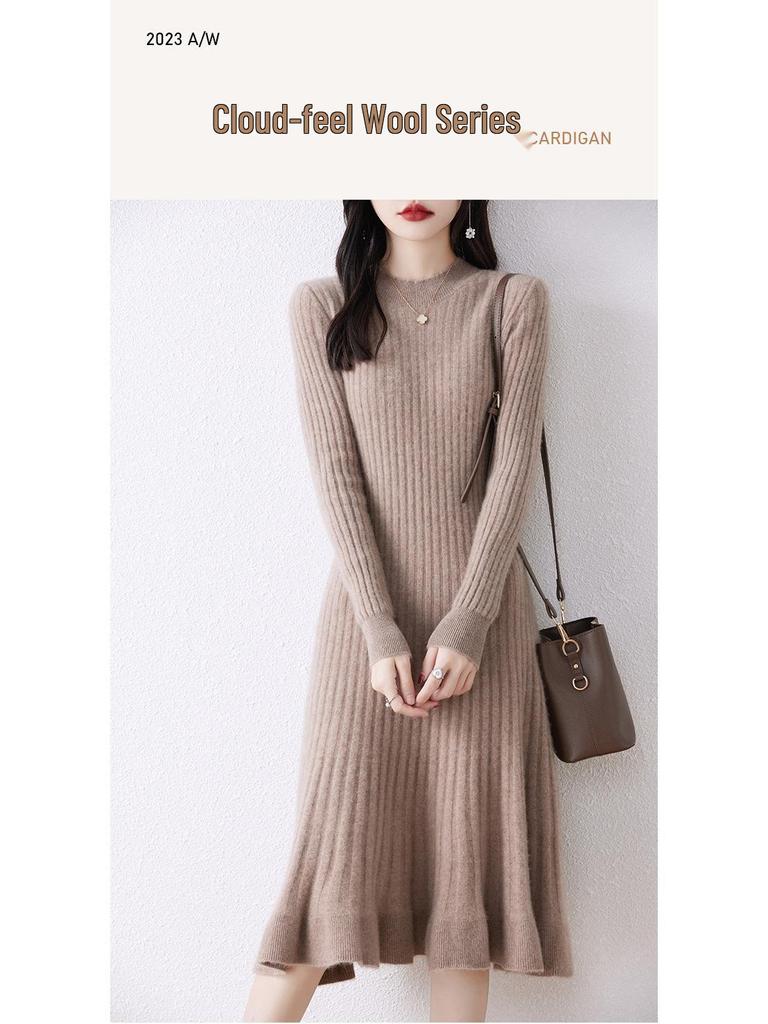 Женское очень длинное шерстяное платье - Приталенное, Круглый вырез, Осень/Зима