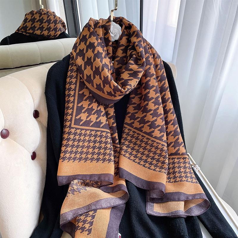 Korean Version of Houndstooth Women's Spring and Summer Sun Protection Shawl Cotton and Linen Beach Towel