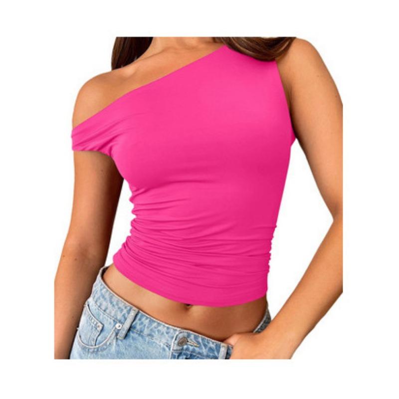 Women one shoulder asymmetrical short sleeve ruched crop top solid black slim casual tee