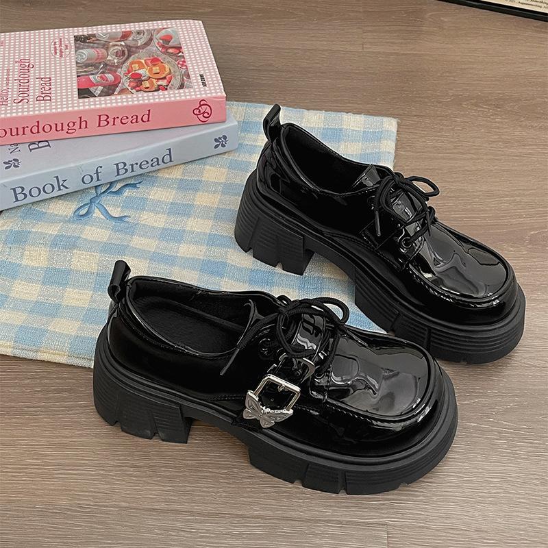 Модные черные туфли на шнуровке на платформе, увеличивающие рост, женские туфли из кожи 2025 года, новые весенне-осенние туфли с круглой юбкой и круглым носком Мэри Джейн