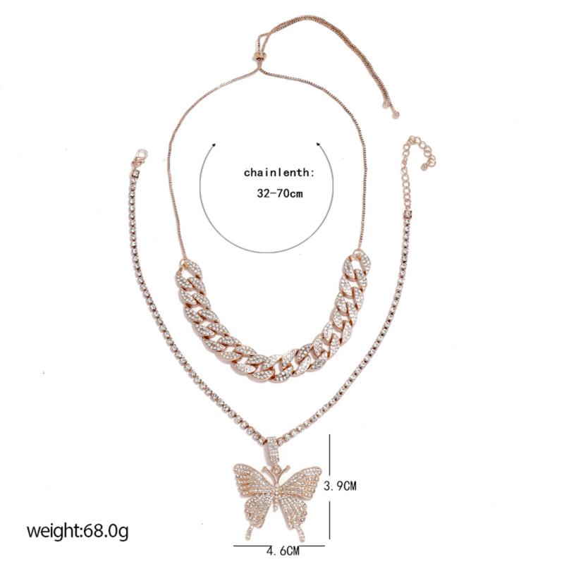 RUI RUI YU Women's Necklace Hip Hop Style Diamond-mounted Double-deck Chain Butterfly-shape Necklace