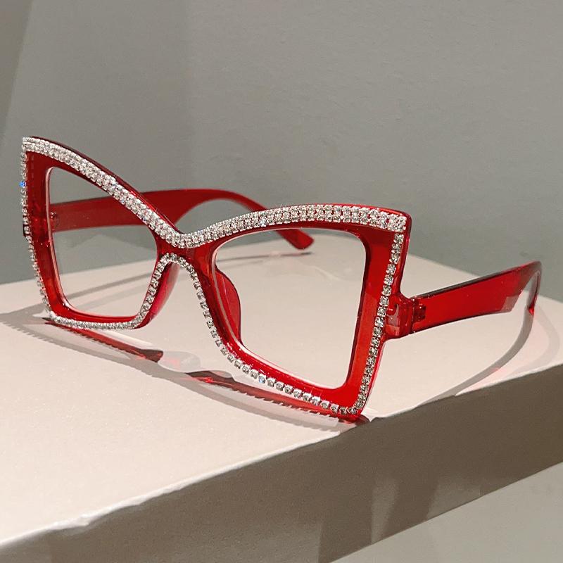 Trendy Retro Oversize Cat Eye Frame Women Crystal Shiny Decor Glasses Blue Light Blocking Ins Brand Design Eyewear