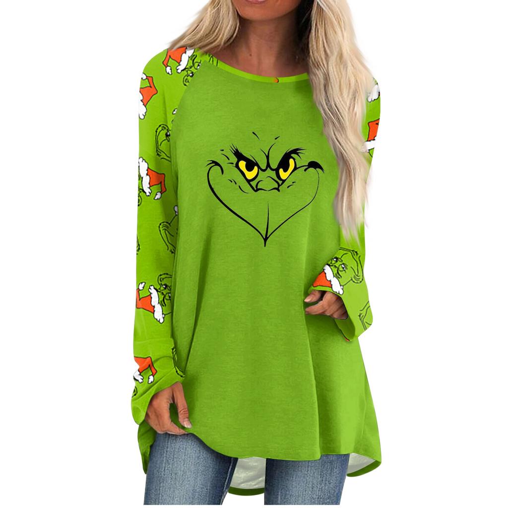 Женская мода, повседневная блузка с длинным рукавом и рождественским принтом, пуловер с круглым вырезом