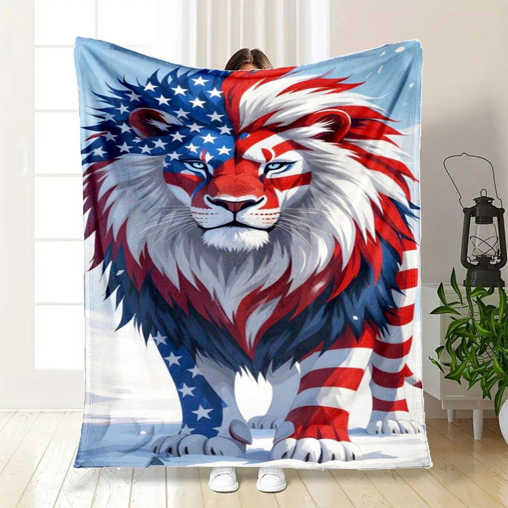 American Flag Lion Wall Art Print Poster Home Decor USA Lion PaintingBlanket Flannel Throw Blanket for Sofa, Bed, Travel, Camping, Office