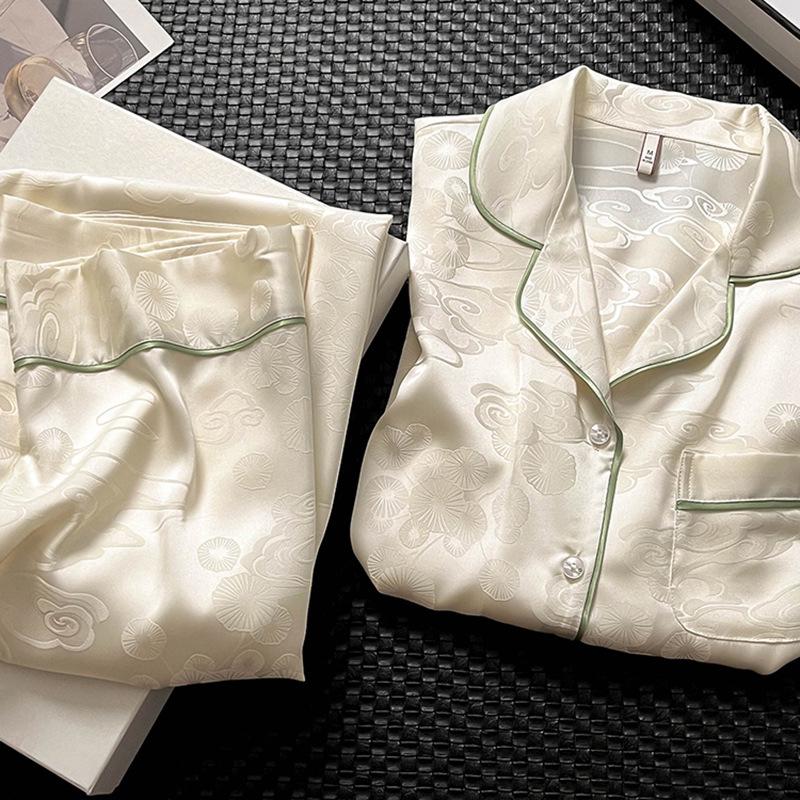 2025 Auspicious Clouds Ice Silk Padded Pajamas - Women's Two-Piece Set In Milk White, Long Sleeve & Pants