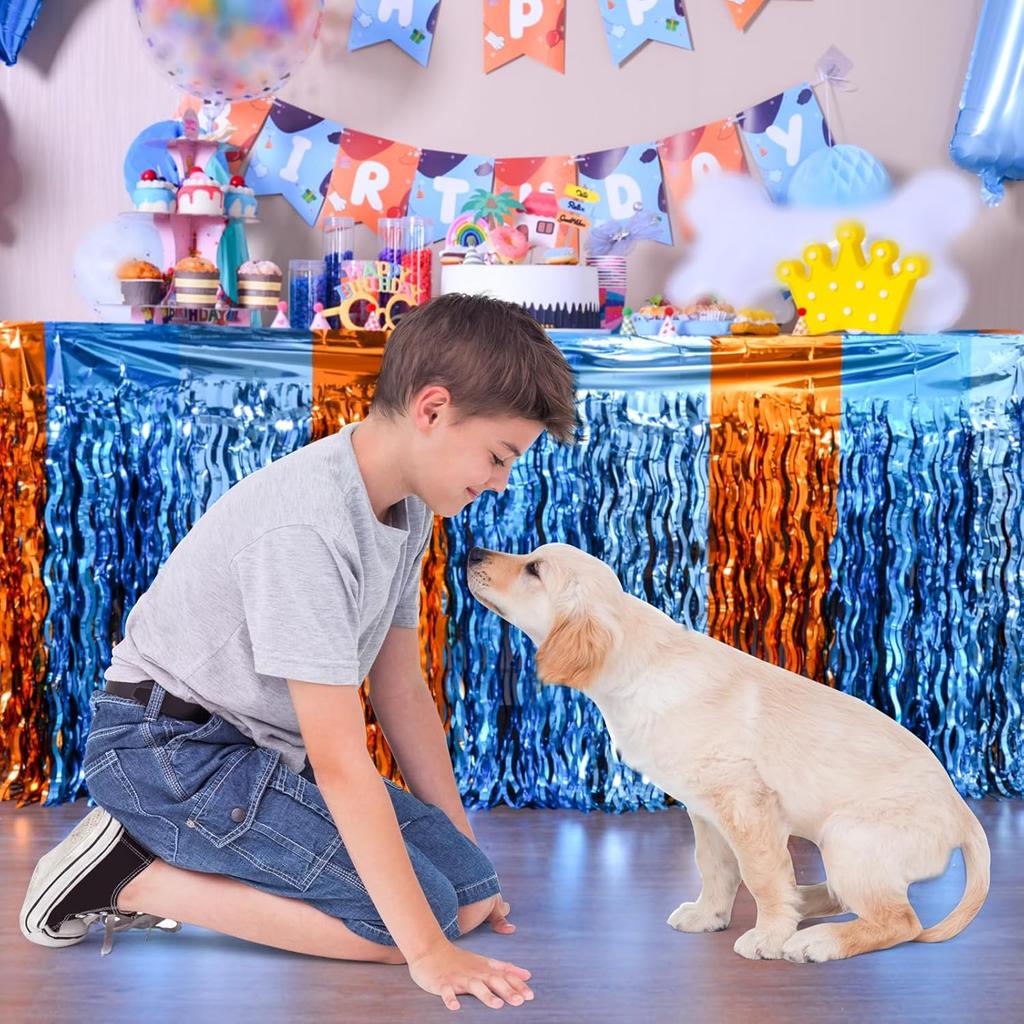 LOLStar Blue Dog Birthday Party Supplies 2Pack Orange Blue and Light Blue Wavy Metallic Tel Foil Fringe Table Skirt for Rectangle and Round