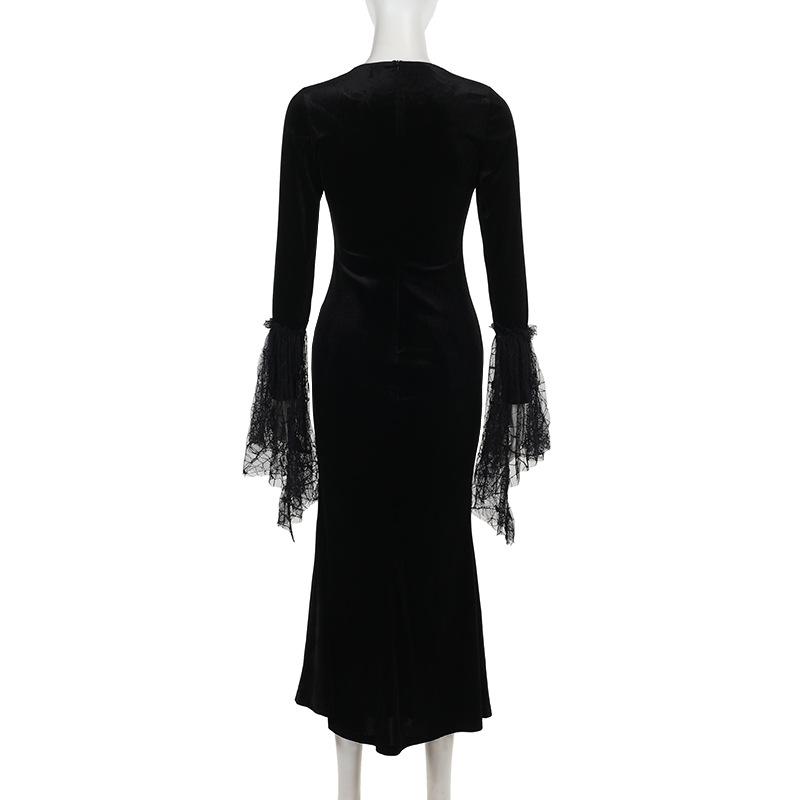 AltGoth готическое темное бархатное платье на Хэллоуин для женщин в винтажном стиле Fairy Grunge кружевное пэчворк с расклешенными рукавами и высокой талией вечернее платье