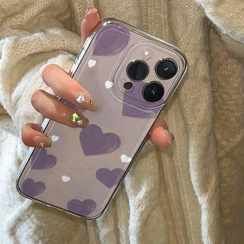 Чехол с масляной живописью «Пурпурное сердце» для Apple iPhone 13-16 Pro Max, прозрачный космический дизайн