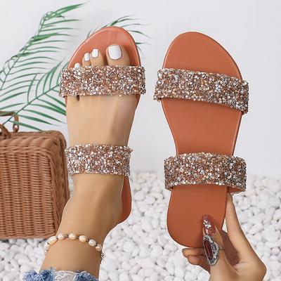 Летняя мода, новые сексуальные повседневные удобные однотонные сандалии со стразами, с круглым носком, на плоской подошве, тапочки для отдыха на природе, женские
