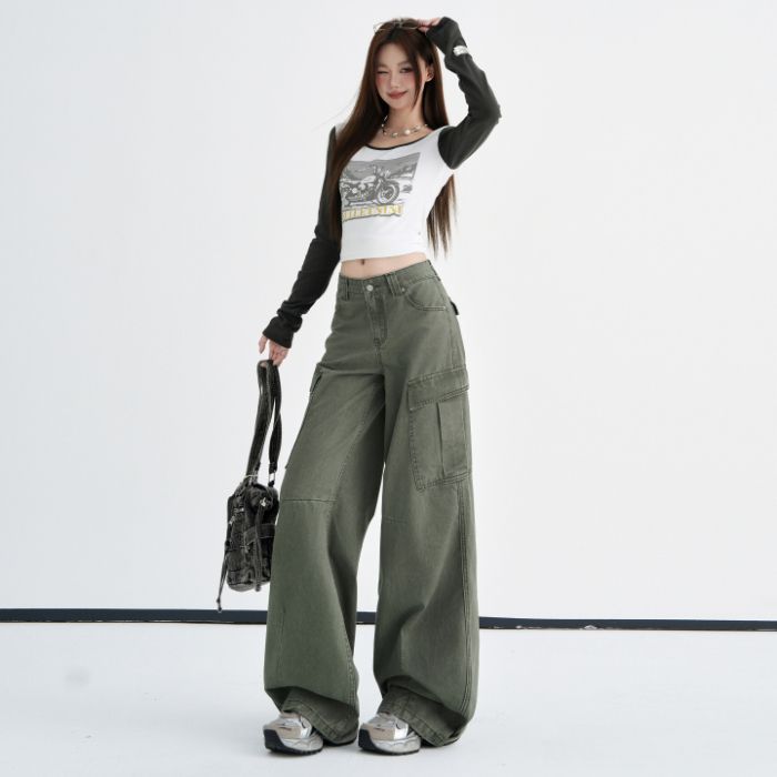 Autumn new retro old money style high waist and thin tooling casual pants women's loose wide legs multi-pocket casual