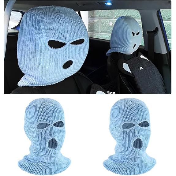 2 PCS Car Headrest Cover, Personalized Funny 3 Hole Auto Seat Full Face Mask Headcover, Ski Mask Wrap Protection for Front Seat Head Rest Decoration,