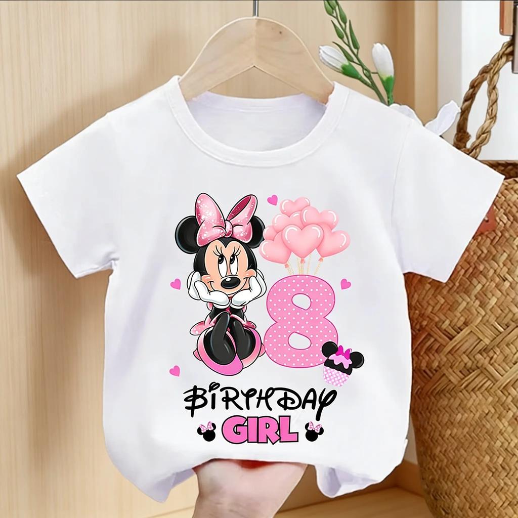 2026 Summer Minnie Birthday Childrens Tshirt Birthday Shortsleeved Tshirt Cartoon Print Tee Parentchild Clothing