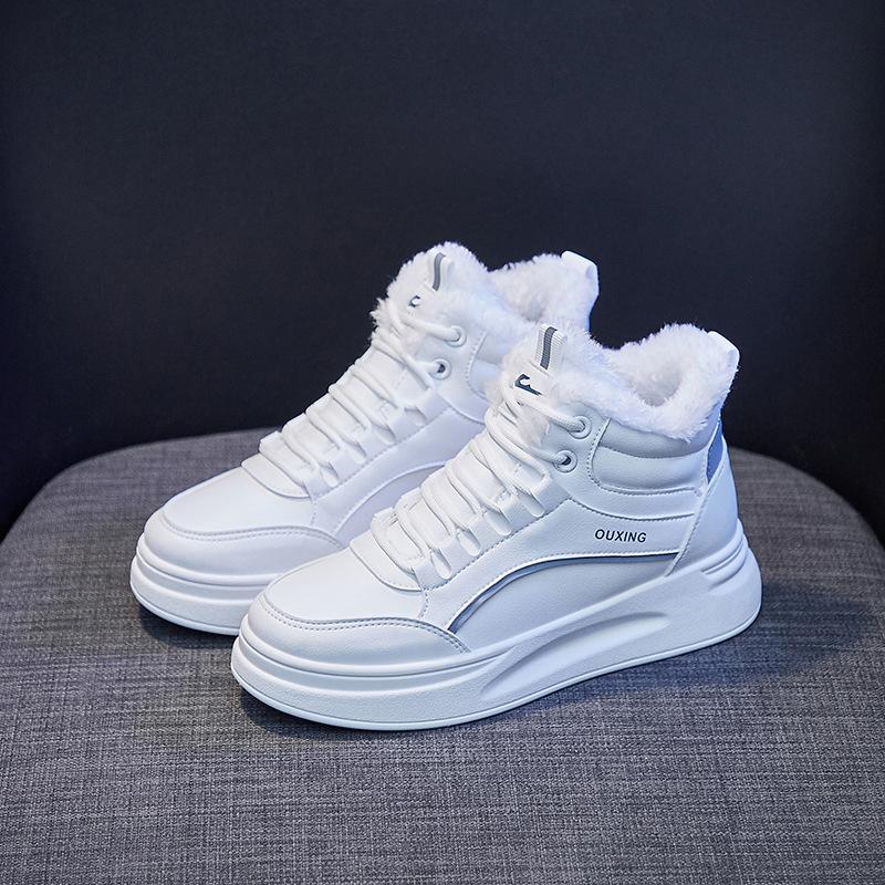 Теплые высокие спортивные туфли для женщин, зимняя обувь, повседневные плюшевые ботильоны в корейском стиле, женские зимние ботинки на платформе со шнуровкой