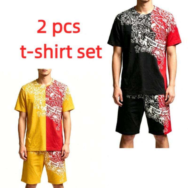 Summer Casual Retro Skull Printed Round Neck Short Sleeved Kids T-Shirt And Shorts Set Boy's and Girl's T-shirt Shorts Set