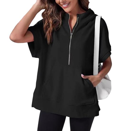 Summer Women Hoodie Half Zipper Short Sleeves Solid Color Pullover Loose with Pocket Casual