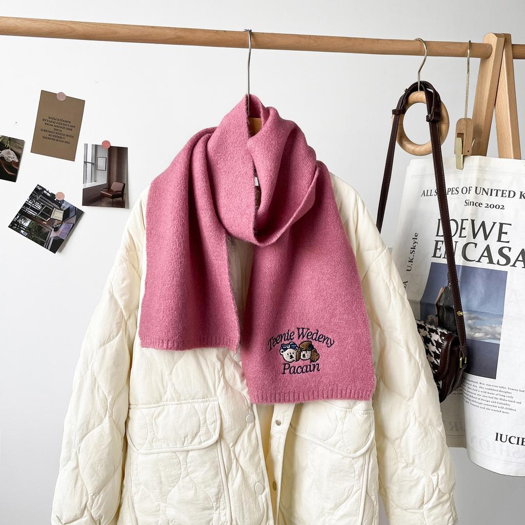 Cute Woolen Bear Scarf Embroidered Knitted Scarf For Women Winter Advanced Warm And Cold-Proof Versatile Student Woolen Scarf
