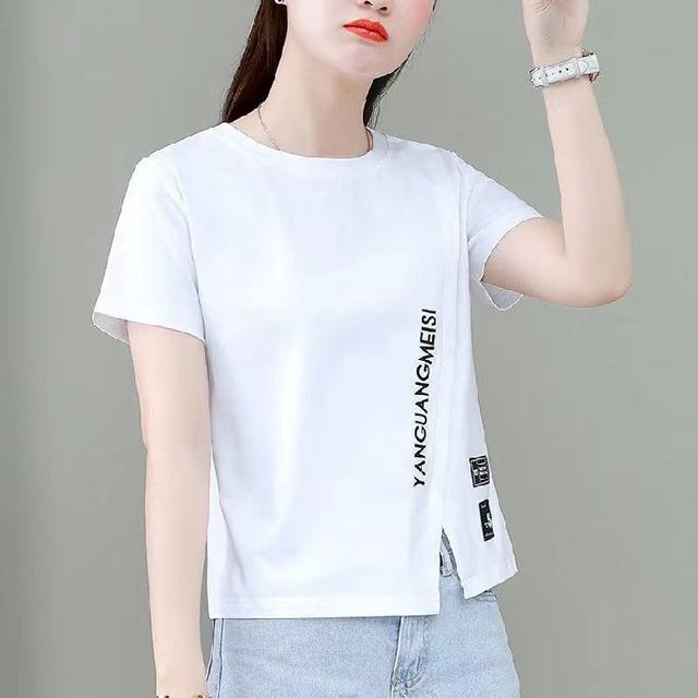 Woman's Tshirts Summer Split Hem Short Sleeve Letters O Neck Korean Style Casual Woman Top Tee Shirt
