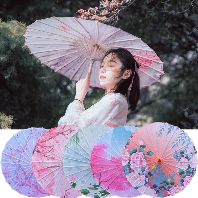 1PC Printed Photograph Props Long-handle Vintage Silk Umbrella for Hanfu Accessories Umbrella Parasol Colorful Oiled Paper