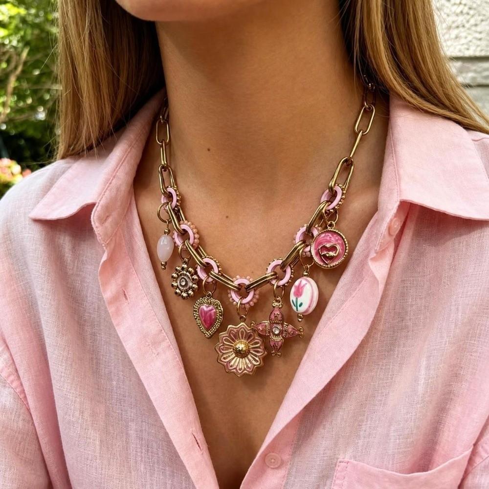 Adjustable Handmade Pendant Necklace Pink Enamel Multi Charms Necklace Elegant Boho Jewelry Women
