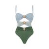 1011 European and American new gold round buckle decorative three-color hollow splicing one-piece swimsuit women's suit