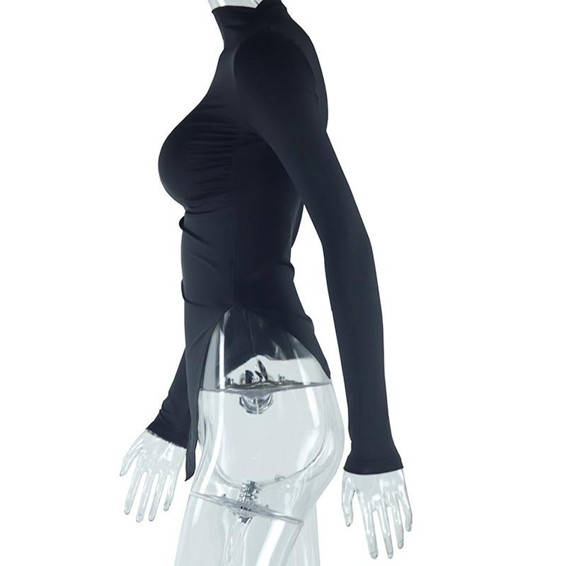 Женский обтягивающий свитер с круглым вырезом, однотонная футболка с длинным рукавом и складками, нестандартной формы