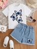 Girl's Casual Daily Romantic Butterfly T-shirt+short Light Blue Jeans
