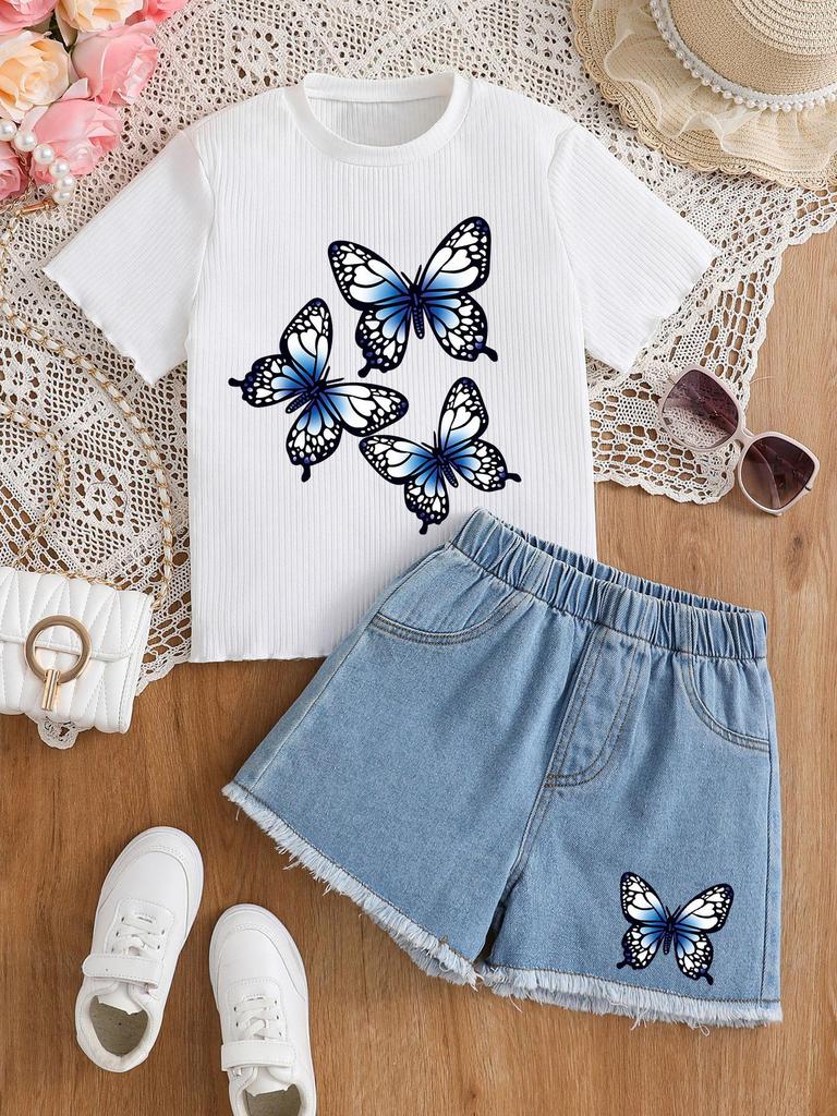 Girl's casual daily romantic butterfly T-shirt+short light blue jeans