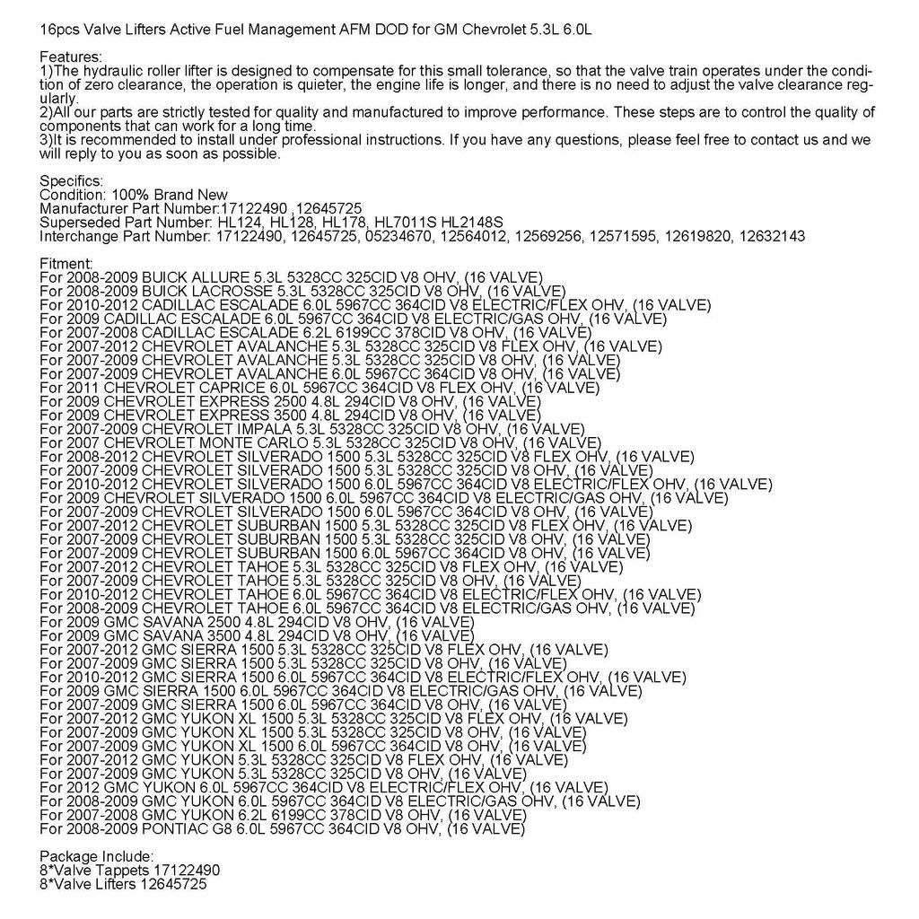 16pcs Valve Lifters Active Fuel Management AFM DOD for GM Chevr 5.3L 6.0L