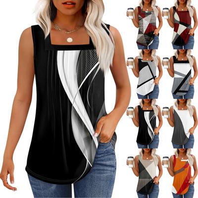 Майка для женщин Летние наряды Без рукавов Блузки с принтом Повседневные свободные рубашки Плиссированные квадратные вырезы